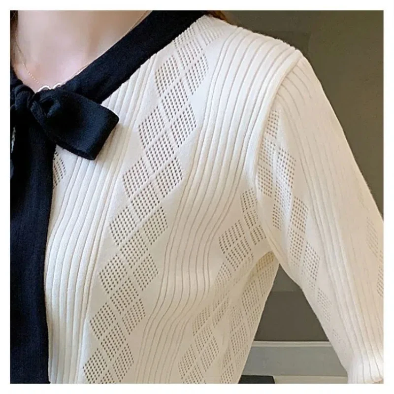 Spring Autumn New V-neck Long Sleeve Fashion Sweater Women High Street Contrast Color Button Cardigan Elegant Bow Patchwork Tops