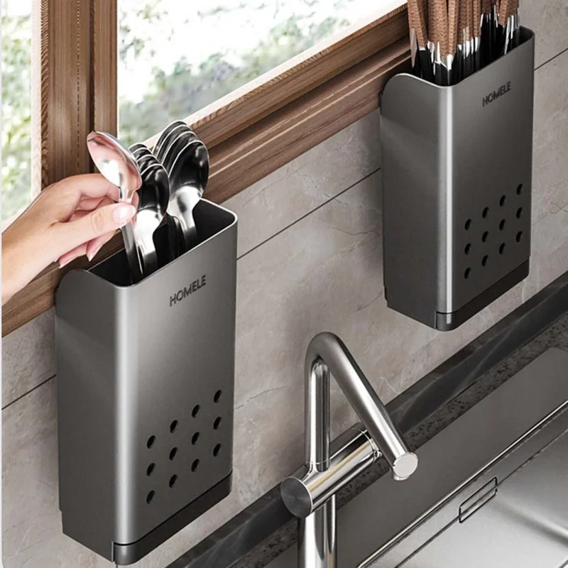 1pc Flatware Organizer Multifunctional Wall-Mounted Cutlery Storage Rack With Detachable Water Drain Base Chopsticks Holder view 3