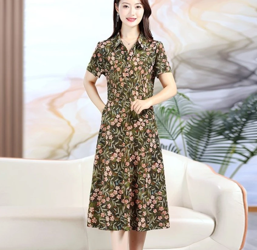 夏の女性の半袖ドレスミディアム丈スタイリッシュな中高年ママ痩身花柄スカート膝上