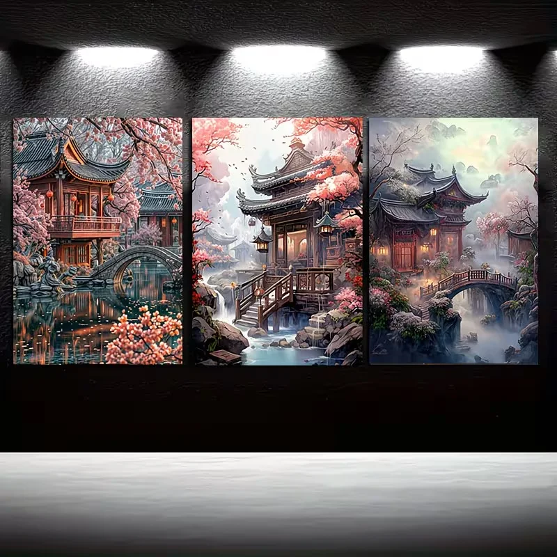 3PCS DIY Diamond Painting Cross Stitch Chinese Ancient Pavilion Landscape Full Drill Diamond Art,Mosaic Embroidery,Home Decor