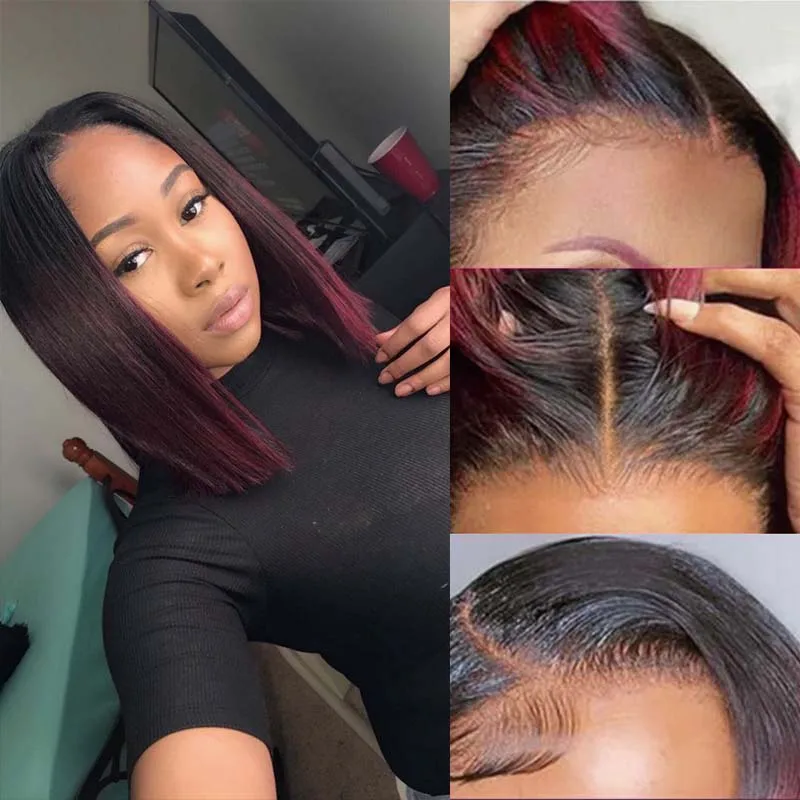 Straight Bob Wig Ombre Red With Dark Roots 1B/99J Wig Free Part Straight Short Bob Wig Colored Wigs 1B/Burgundy (Ombre 99J Wig) 