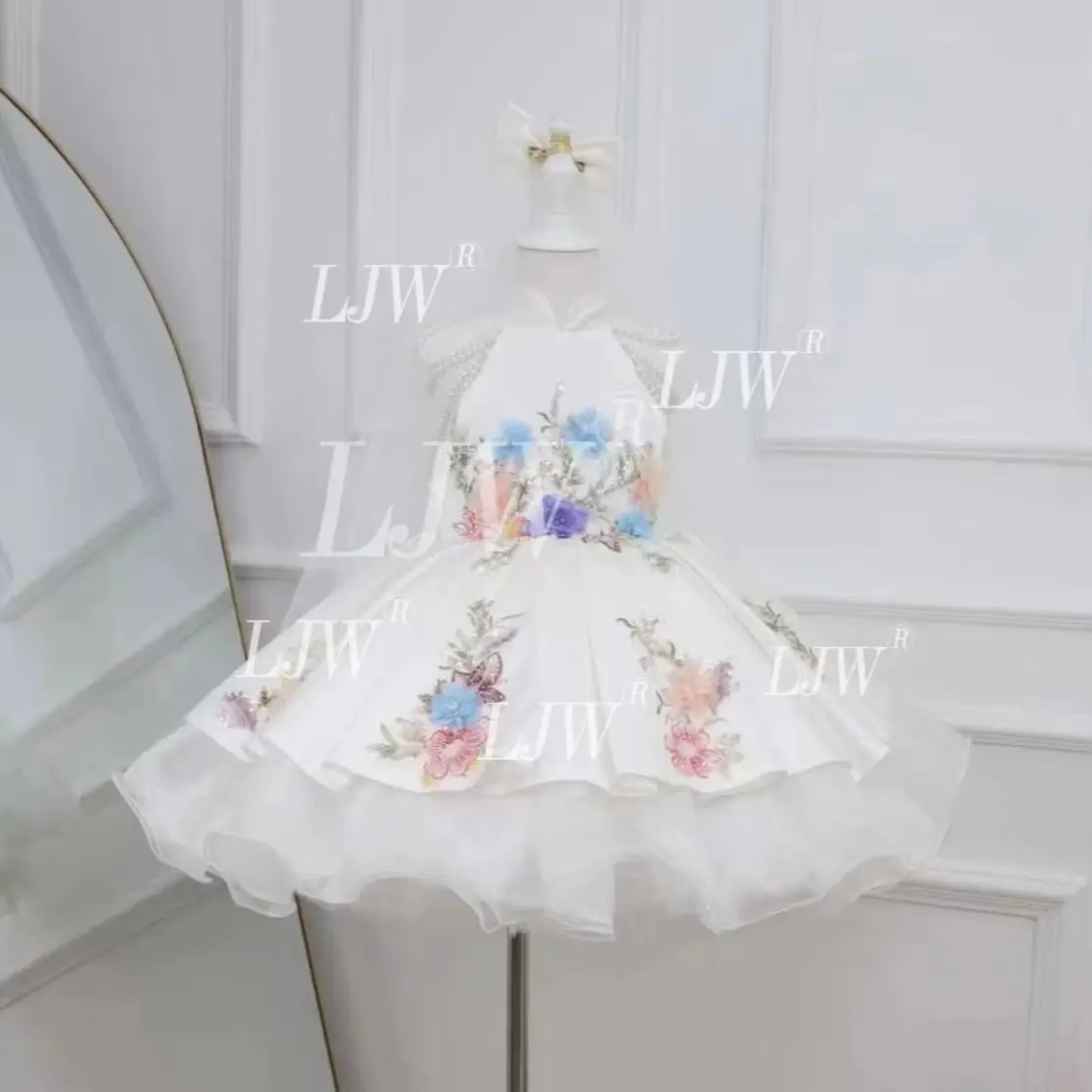 Elegant White  Hand-Embroidered Flower Girl Dress 2026 Girls Fashion Kids Wedding Birthday Festival Party Pageant Princess Gown