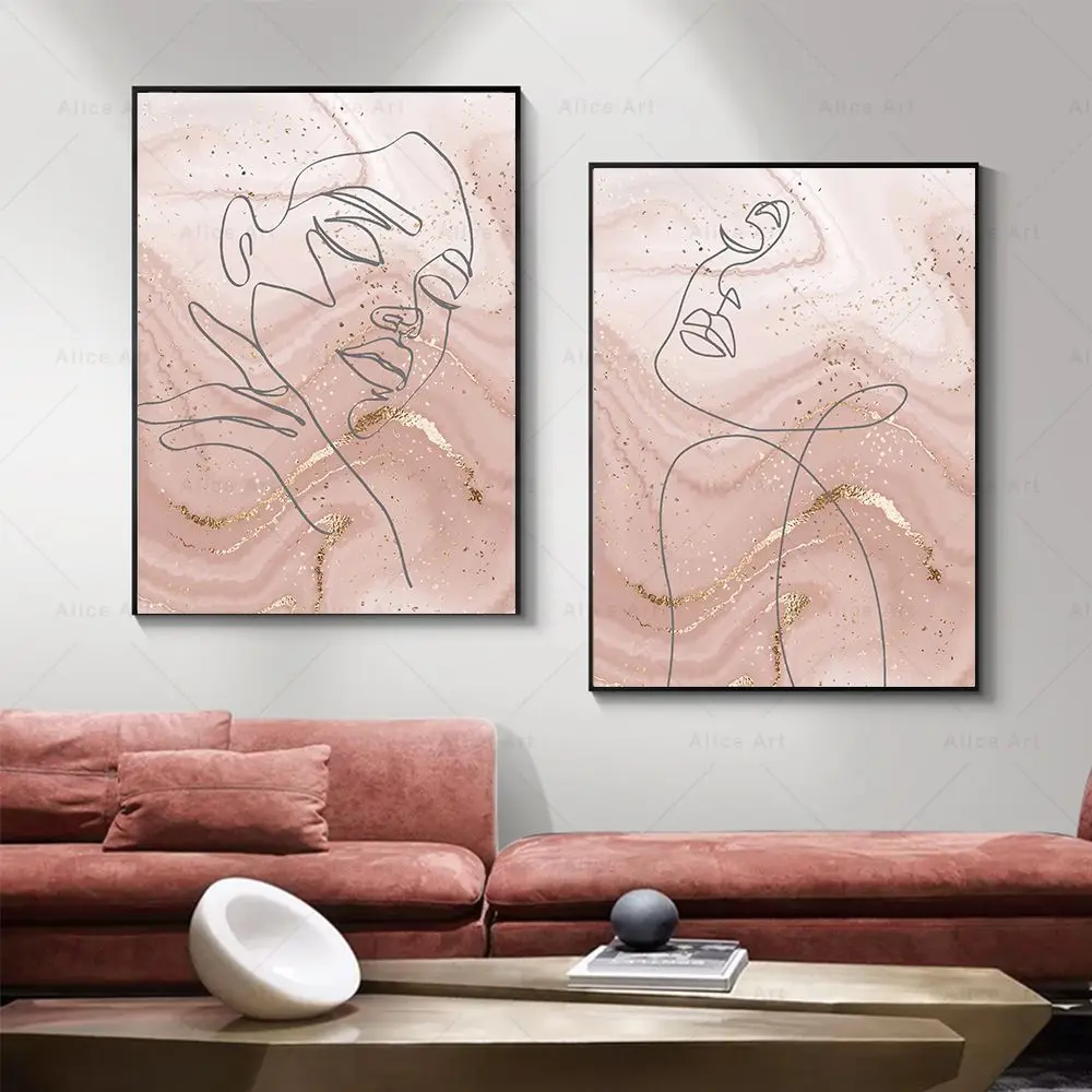 Nordic Wall Art Canvas Painting Pink Abstract Gold Grain Line Draw Body Poster Print Picture Aesthetic Living Room Home Decor