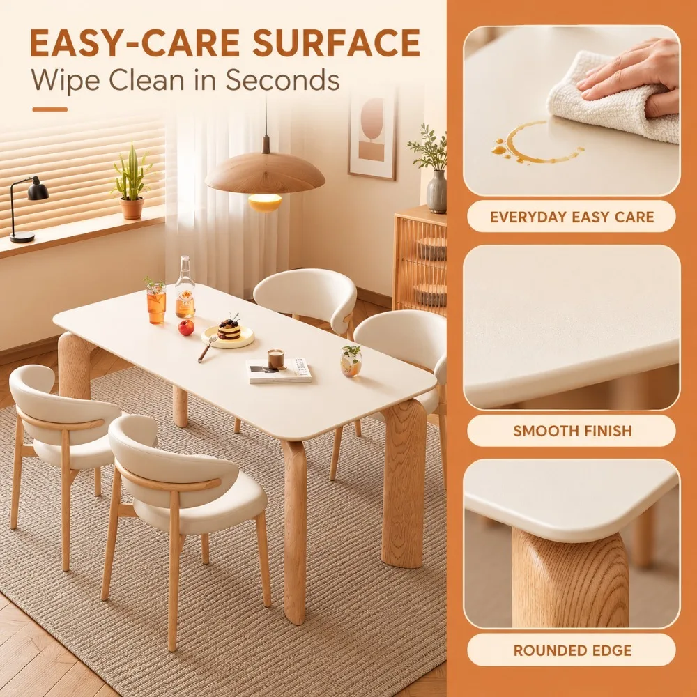 Japandi Rectangular Dining Table,Sintered Stone Top with Solid Wood Frame,Warm Neutral Dining Furniture for Small Apartment Home