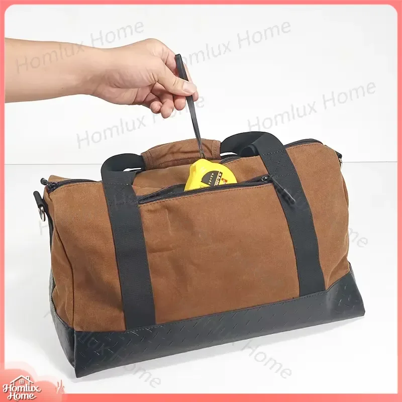 Multi Compartment Wide Tool Bag Large Two Tone Canvas Tote Bag Convertible Carry Options for DIY Professional Use Heavy Duty