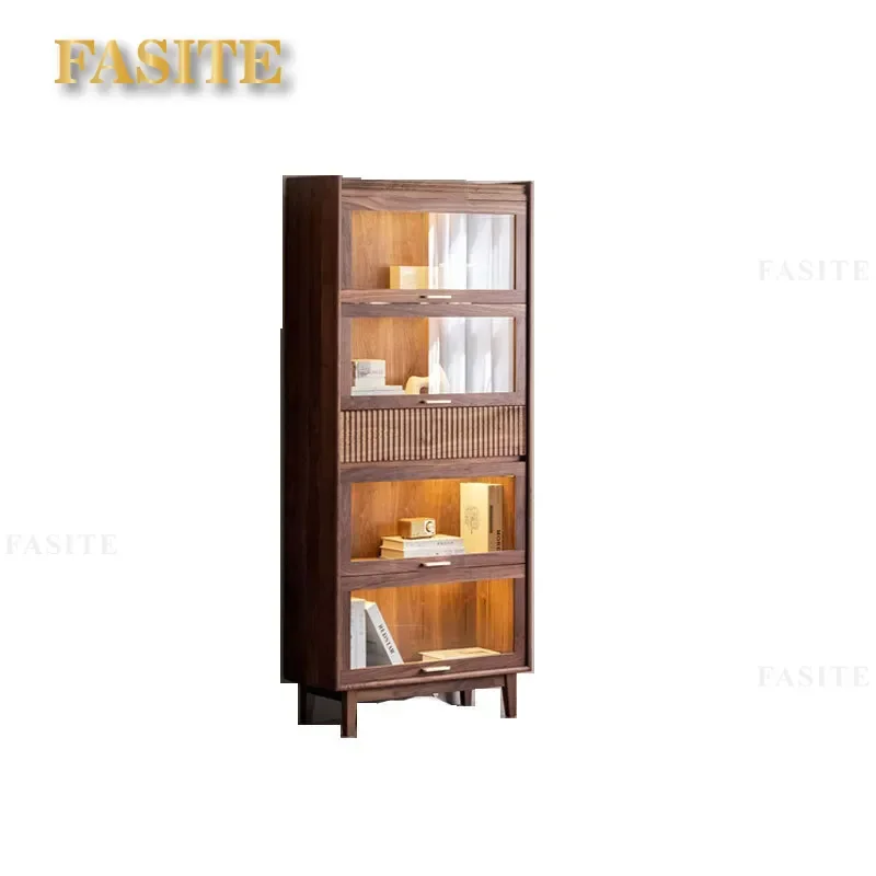 For North American Black Walnut Solid Wood Bookcase Nordic Simple Dust-proof Glass Display Cabinet Shelf Storage for Lego