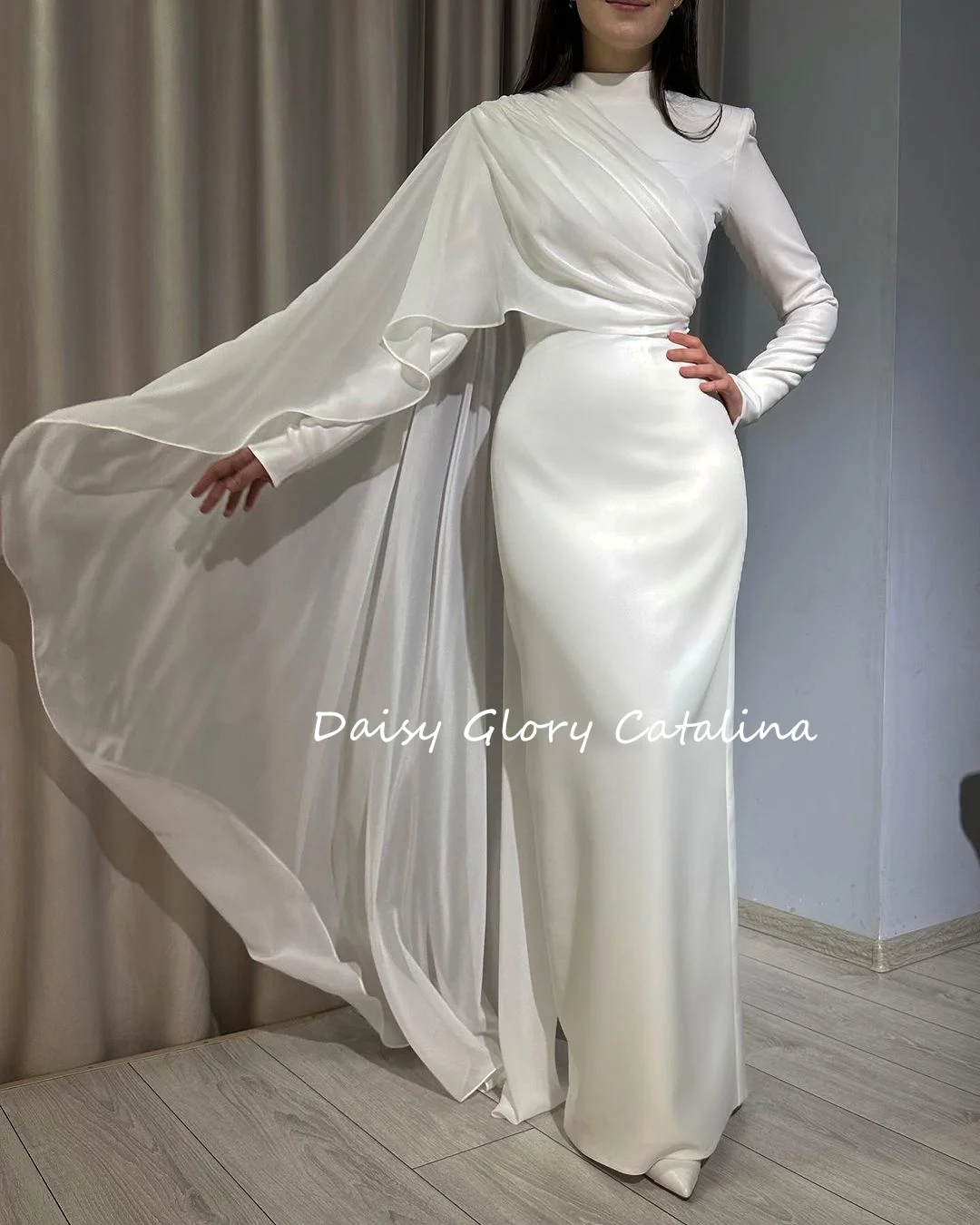 Elegant Evening Dresses For Women Party New White Satin Watteau Train Mermaid Prom Dresses Saudi Arabia Formal Occasion Wedding