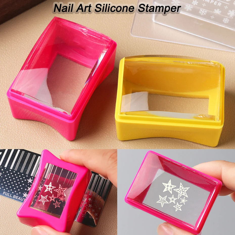 Rosa-gelber, abwischbarer, quadratischer, transparenter Nagelkunst-Silikonstempel mit Schaber, weiches Nageltransfer-Stempelwerkzeug, Maniküre-Zubehör – Detail 1