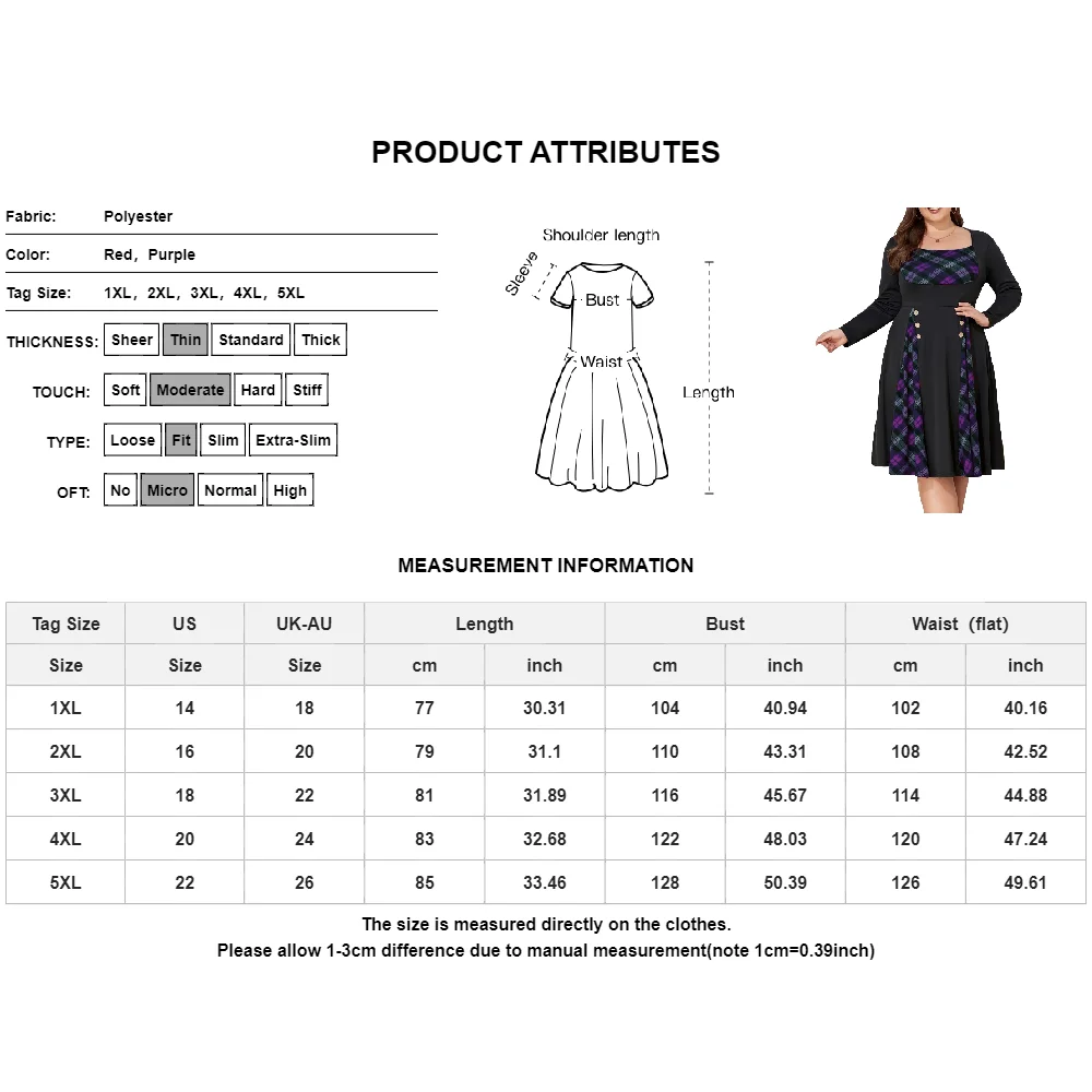 Świąteczna sukienka damska Plus Size Elegant Plaid Colorblock Button Decor Vintage A-line Festival Dress Party Wear 2024 Nowy Rok