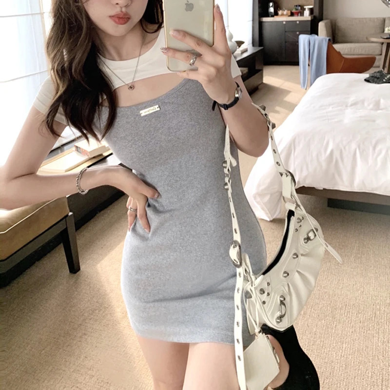 Sexy Hollow Patchwork Casual Streetwear Y2K Bodycon Dresses for Women 2024 Summer O Neck Short Sleeve Slim Kpop Club Mini Dress