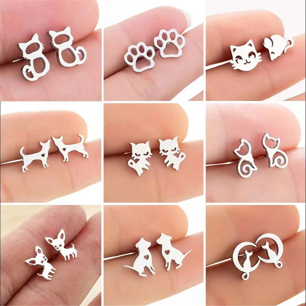 9Pairs/Sets Fashion Stainless Steel Stud Earrings For Women Mix Style Simple Cat Dog Ear Jewelry Party Gifts