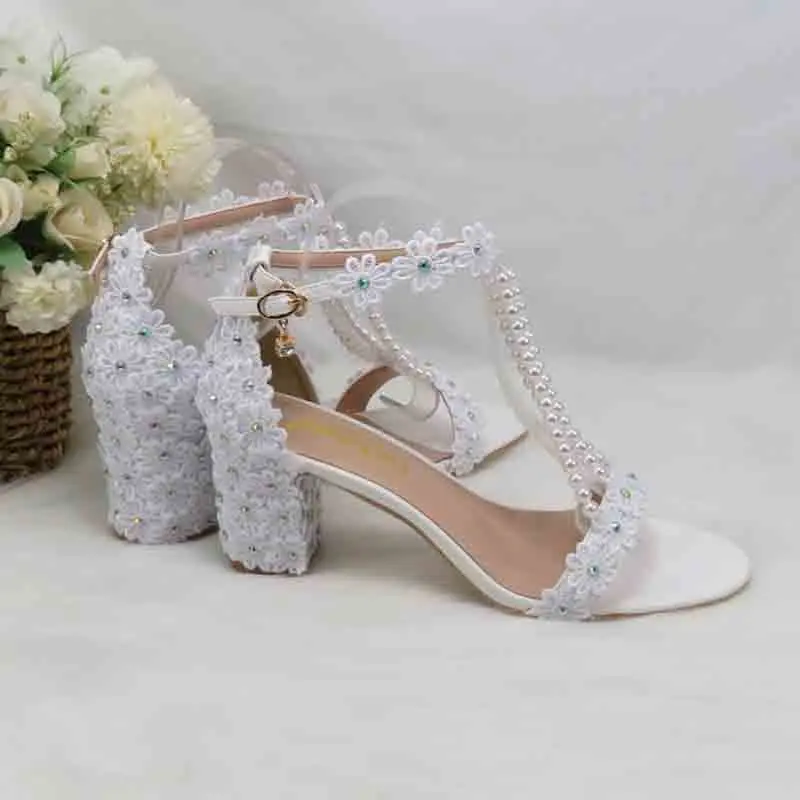 2023 new arrival BaoYaFang fashion white pearl sweet white lace flower sandals buckle bridesmaid dress shoes ankle strap shoe