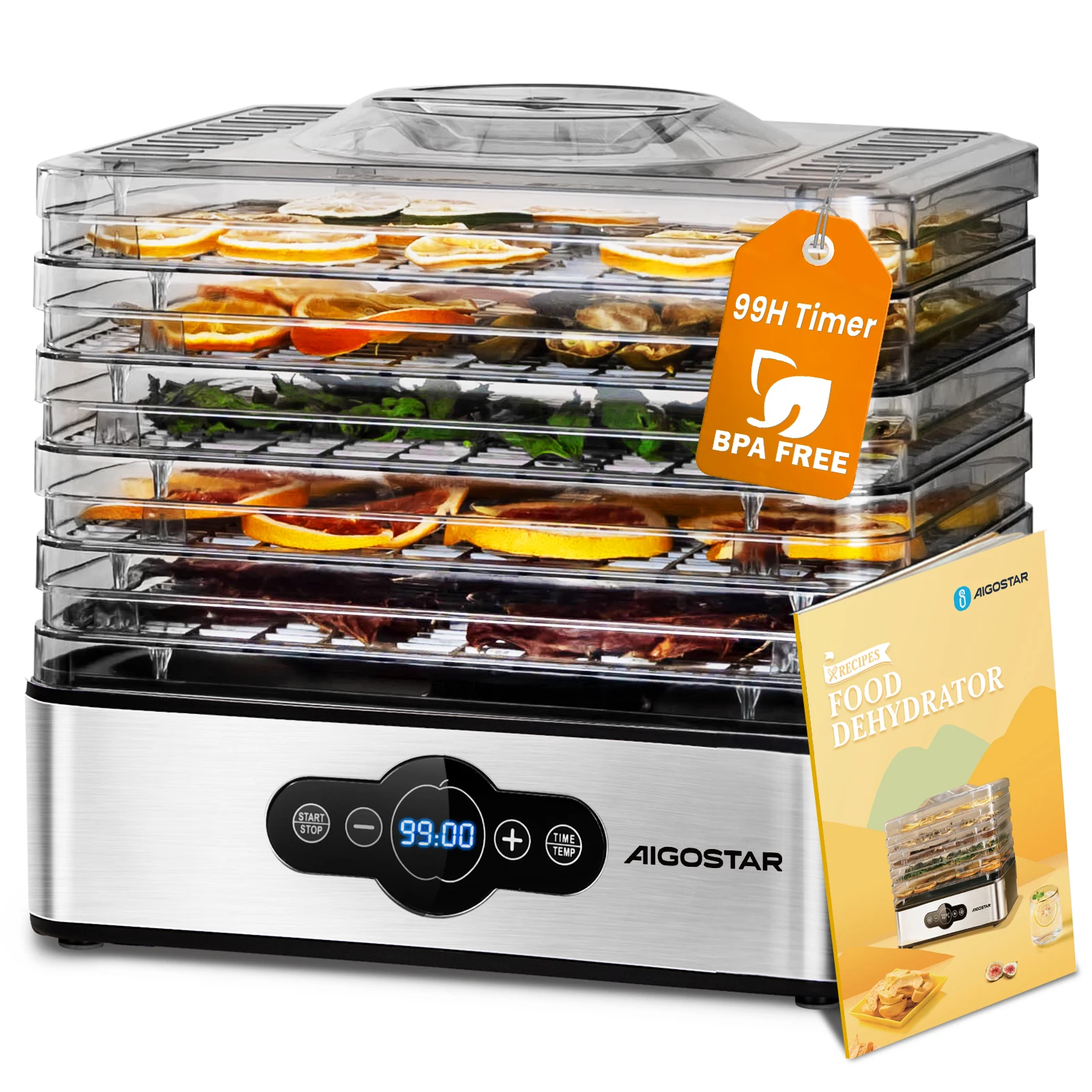 Aigostar Crispy Lebensmittel trockner, 240W, 5 Tabletts, automatische Trocknung, ideal für digitale Steuerungen von Obst, Fleisch, Gemüse usw.