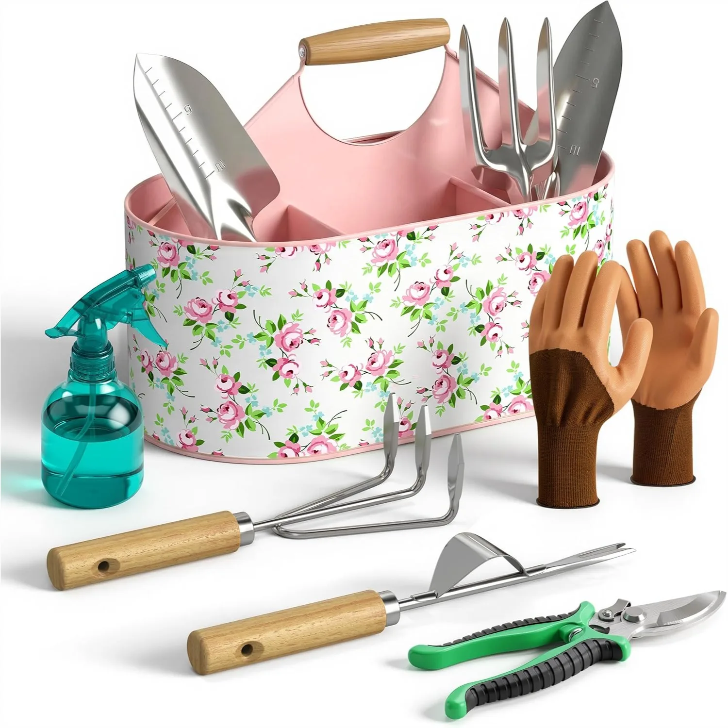 

9-Piece Garden Tool Set with Stainless Steel Tools and Wood Handles, Metal Organizer Basket