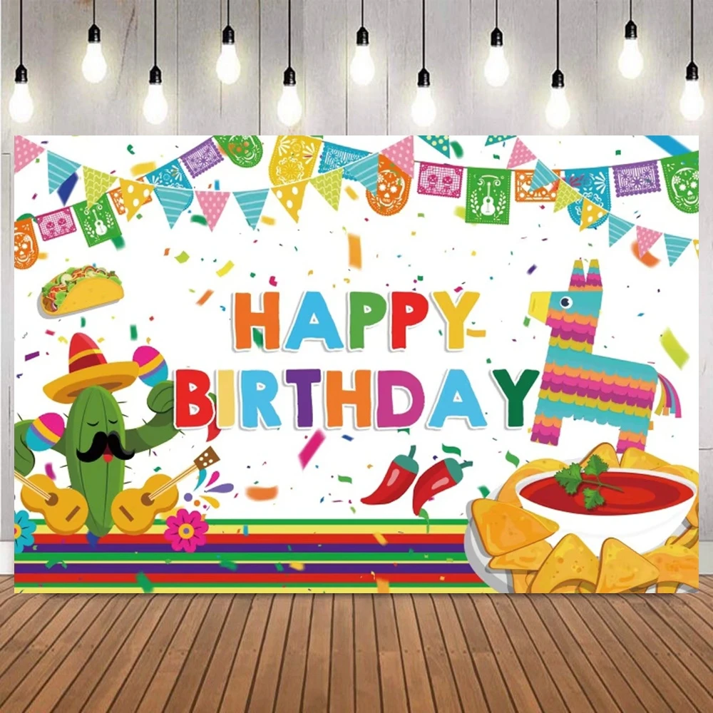 Fondo de fotografía con tema de Fiesta mexicana, Cactus colorido, Sombrero, Llama, Festival de cumpleaños, decoración de retrato de fiesta, fondo fotográfico