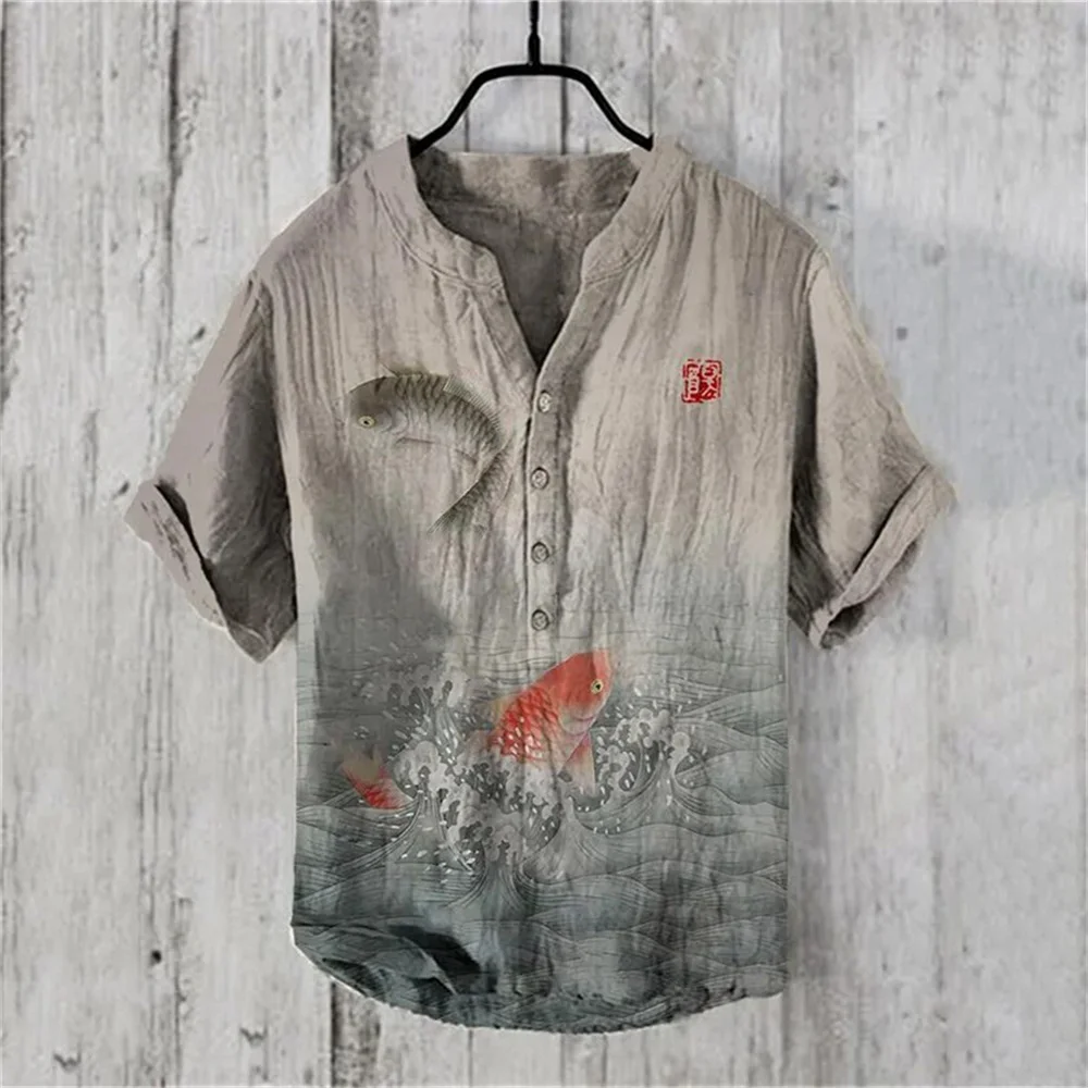 Summer new men's short-sleeved polo shirt printed linen shirt European and American popular elements large size S-5XL