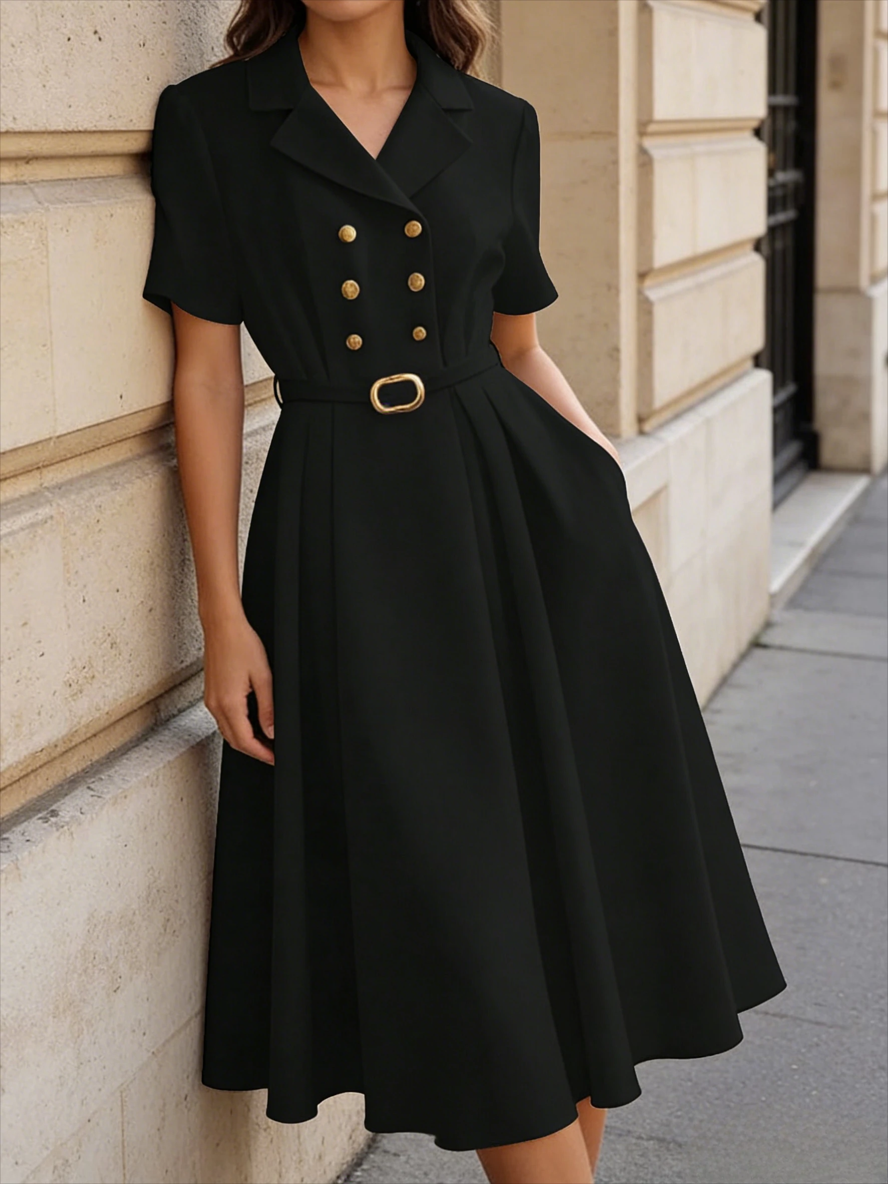 GlowEve Women's Solid Color Double Breasted Belted Elegant Short Sleeve Midi Dress