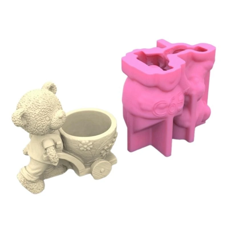91AC Cartoon Bear Flower Pots Mold Pen Holder Silicone Mould Concrete DIY