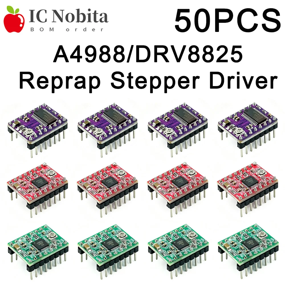50PCS 3D Printer Stepper Motor Driver A4988 DRV8825 Module with Heatsink Compatible Ramps 1.4 Controller Board for CNC Shield