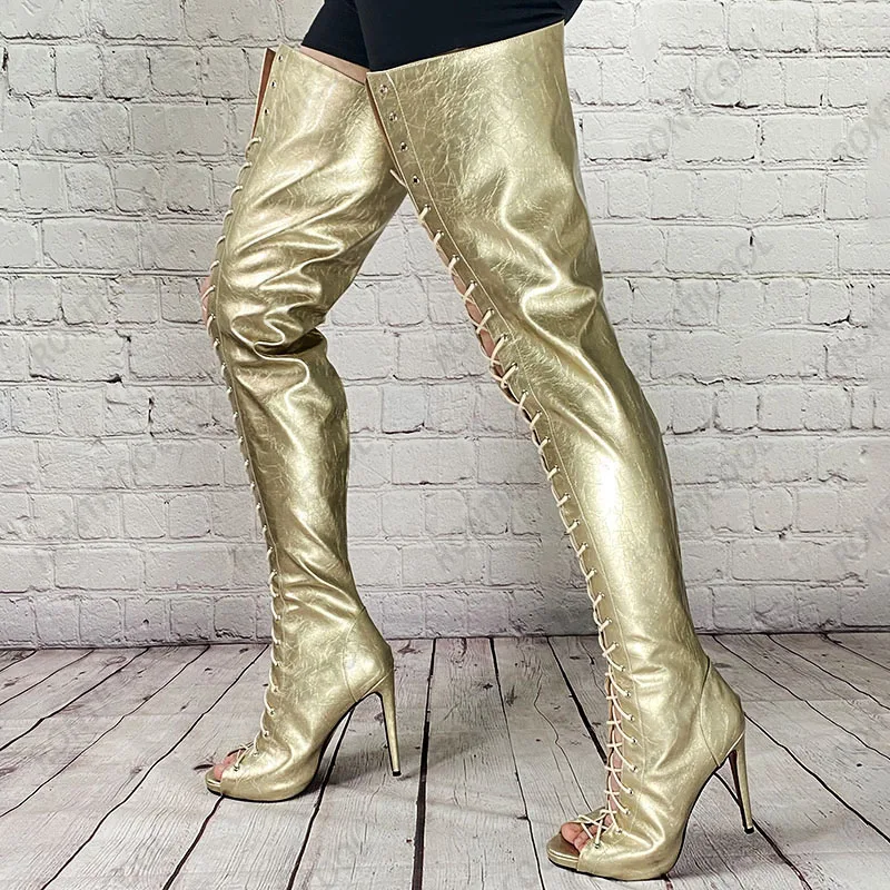 Ronticool Handwork Women Spring Thigh Boots Crack Pattern Stiletto Heels Round Toe Gold Party Club Shoes Ladies Us Size 5-20