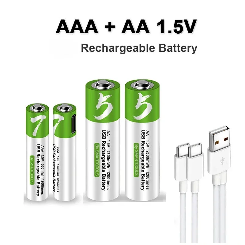 1.5V AA 2600mWh AAA 750mWh Li-ion Battery For Mouse,Clock,Shaver,Hermometer+TYPE-C Cable AA+AAA Rechargeable Batteries