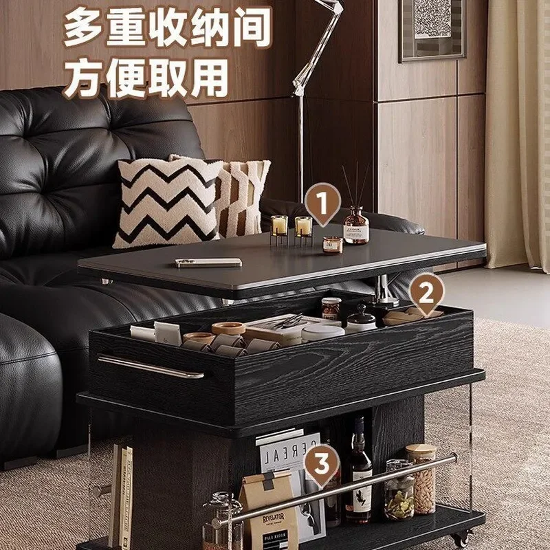 Solid Wood Mobile Side Table with Stone Top Lift Mechanism Balcony Coffee Trolley Sofa End Cabinet Adjustable Height