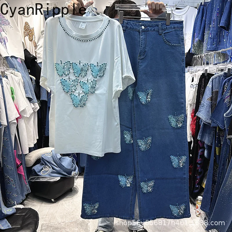 

Fashionable Women Two-piece Set 3d Diamonds Butterfly Loose White Short Sleeve T-shirt Top + High Waist Wide Leg Denim Pants