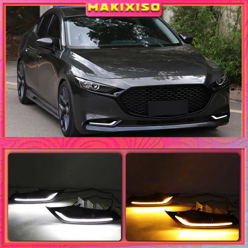 

2Pcs DRL for Mazda 3 Axela 2019 2020 LED car Driving daytime running light fog lamp with flow yellow turn Signal