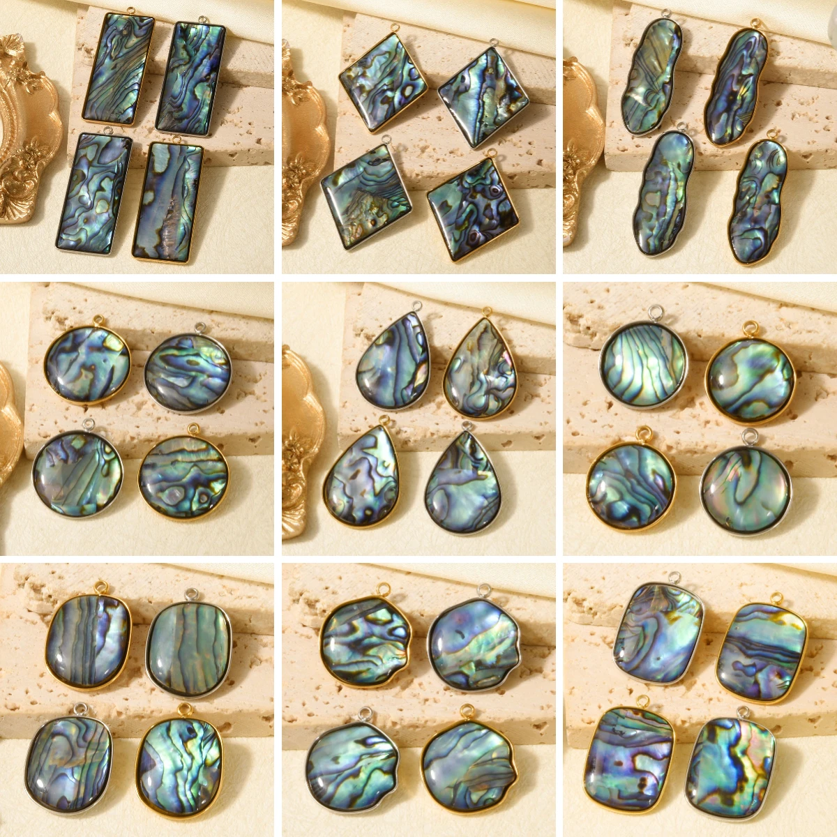 Vintage 3pcs/lot Natural Abalone Shell Charms Rectangle Round Irregular Teardrop Shape Stainless Steel Pendants Necklace Finding