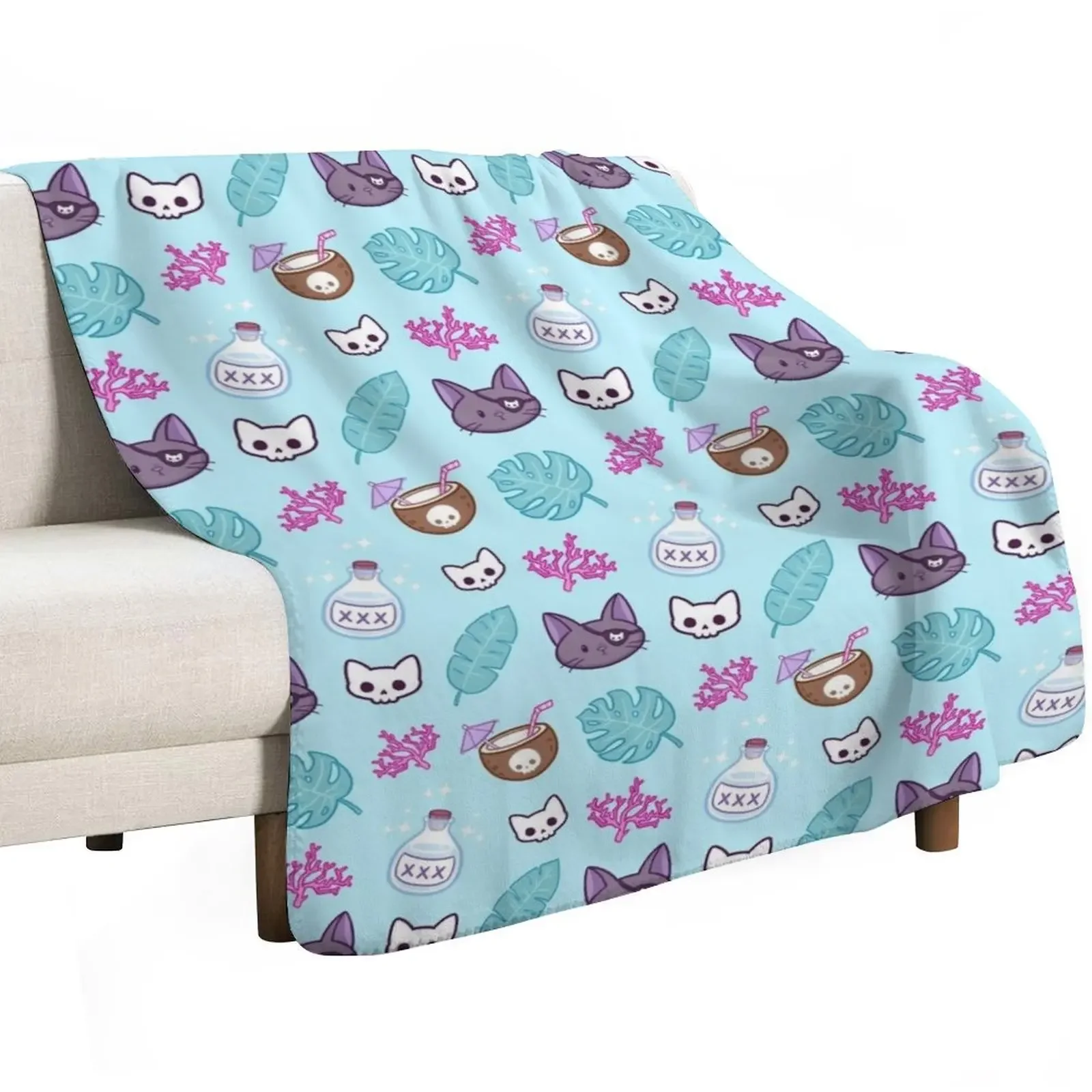 Pirate Cat // Turquoise | Nikury Throw Blanket Hairys Plaid on the sofa Baby Flannel Fabric Thin Blankets