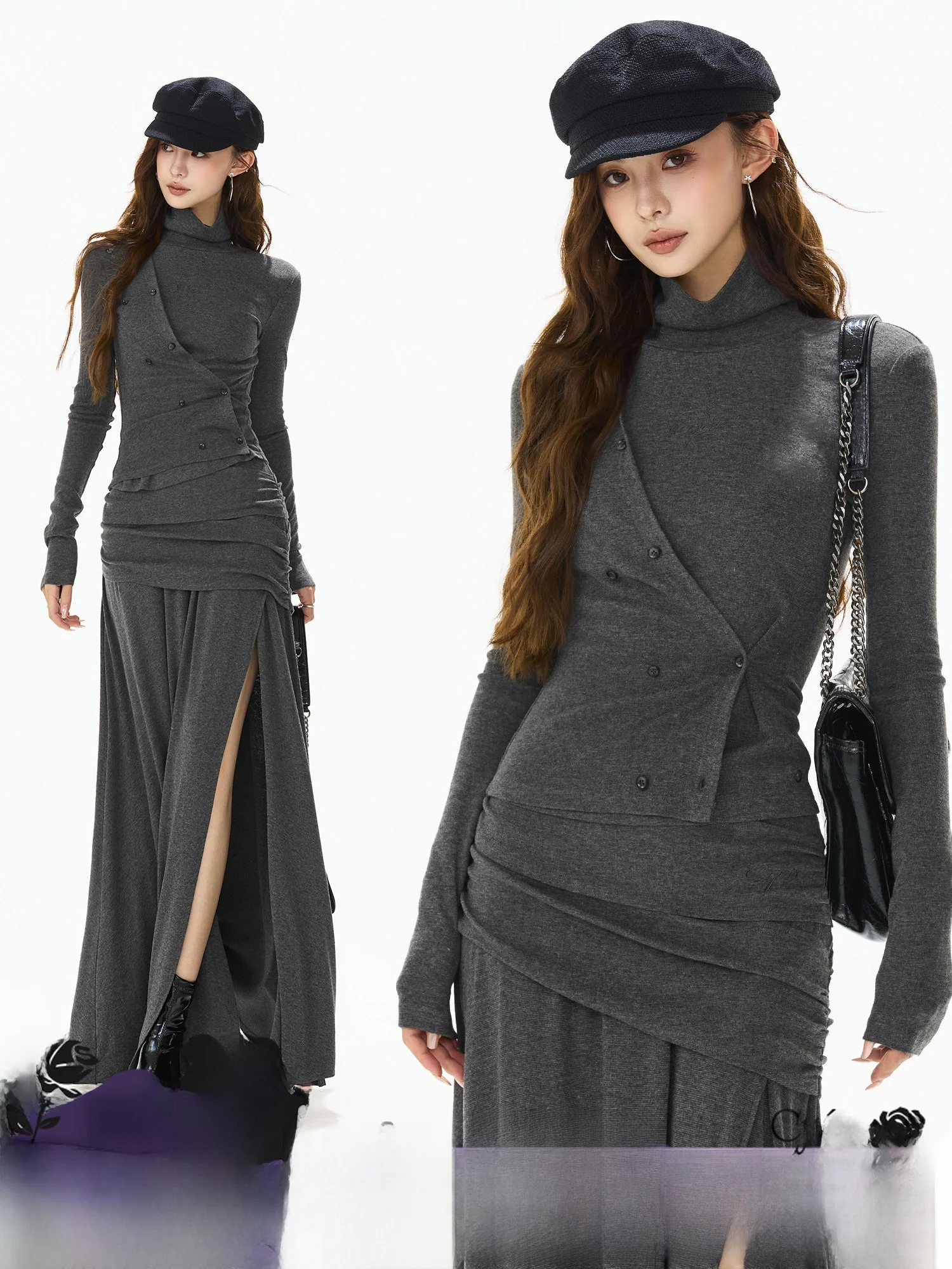 

Вязаный свитер CYNR Original Design в винтажном стиле с высоким воротником, женский, с утяжкой на талии, теплый топ с двойными пуговицами и подолом с отворотом, длинный рукав