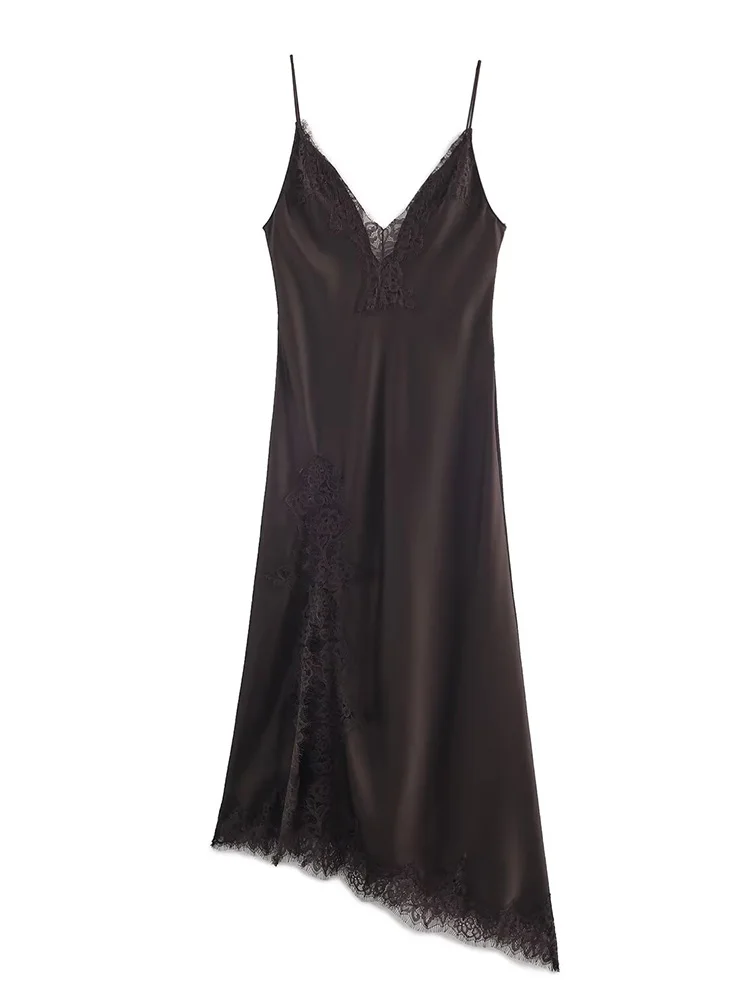 

HH Women New Fashion Asymmetry Lace Decorative V-Neck Sling Dress Female Solid Sexy Sleeveless Backless Satin Texture Midi Dress