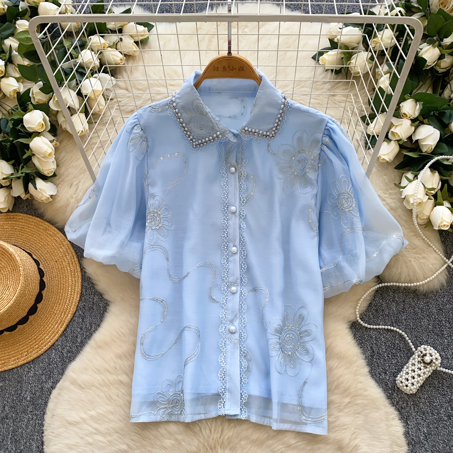 Camicetta vintage elegante con maniche a lanterna e paillettes con strass Camicia con scollo a polo alla moda Casual Chic Top Fairy Summer Women