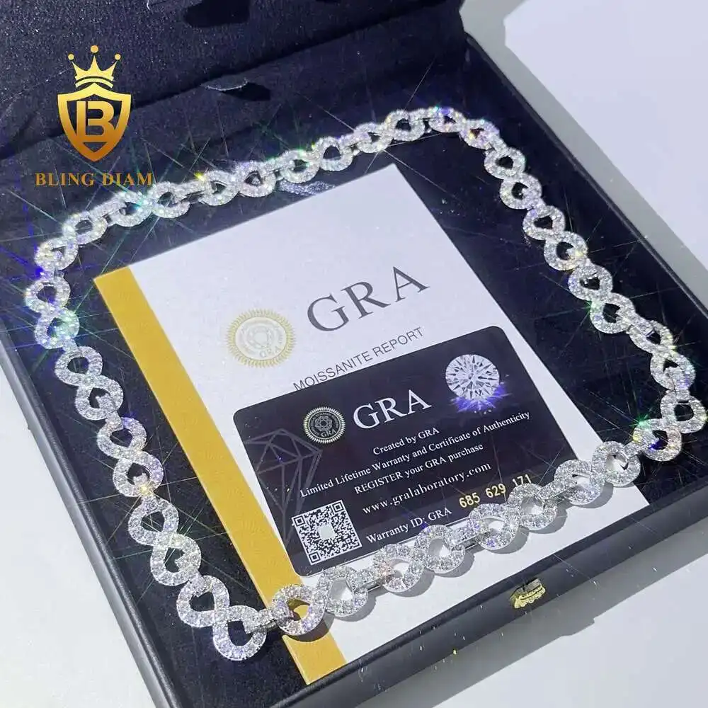 

New Stock Fashion Hip Hop Chain Ice Out Number 8 Shape Sterling Silver 925 Moissanite Cuban Chain Necklace Rapper Chocker