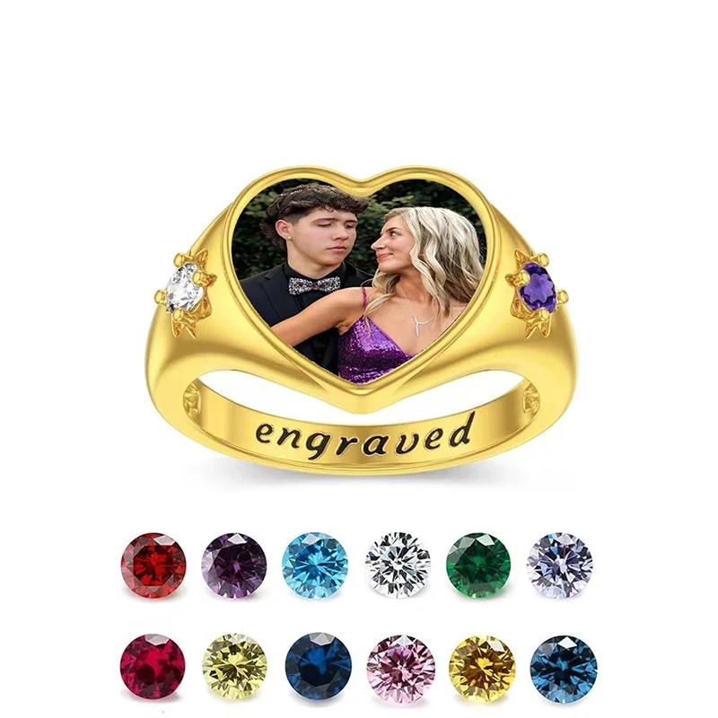 

Custom Heart Photo Ring With 2 Birthstones Personalized Gift for Her Picture Gold Ring Custom Photo Ring Birthday Gift for Women
