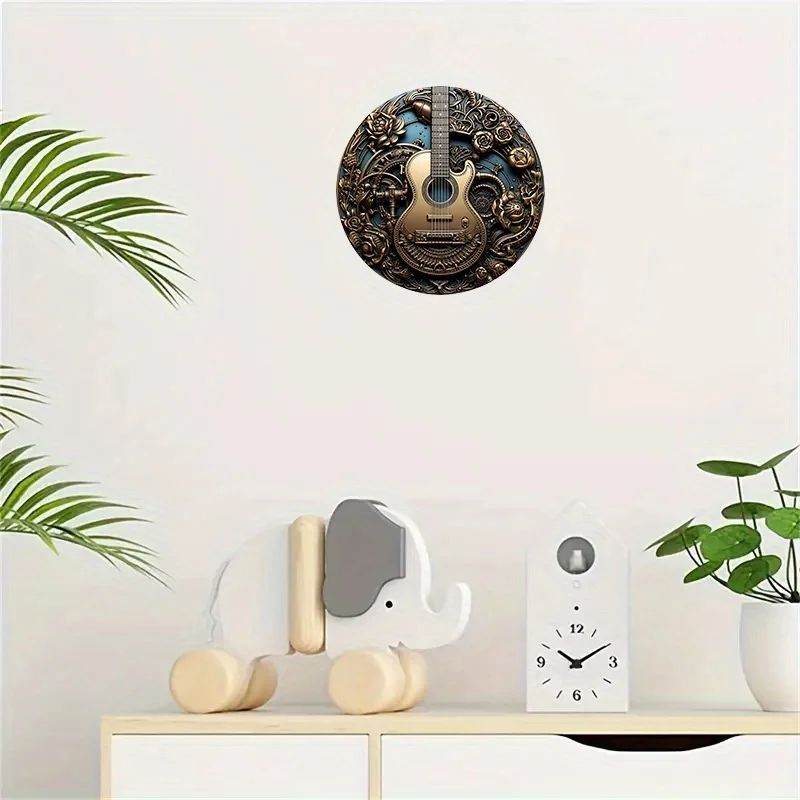 Steampunk Guitar Wall Art Decor,  Round Aluminum Metal Sign with Gears & Roses, Waterproof & Weather Resistant for Home, Office
