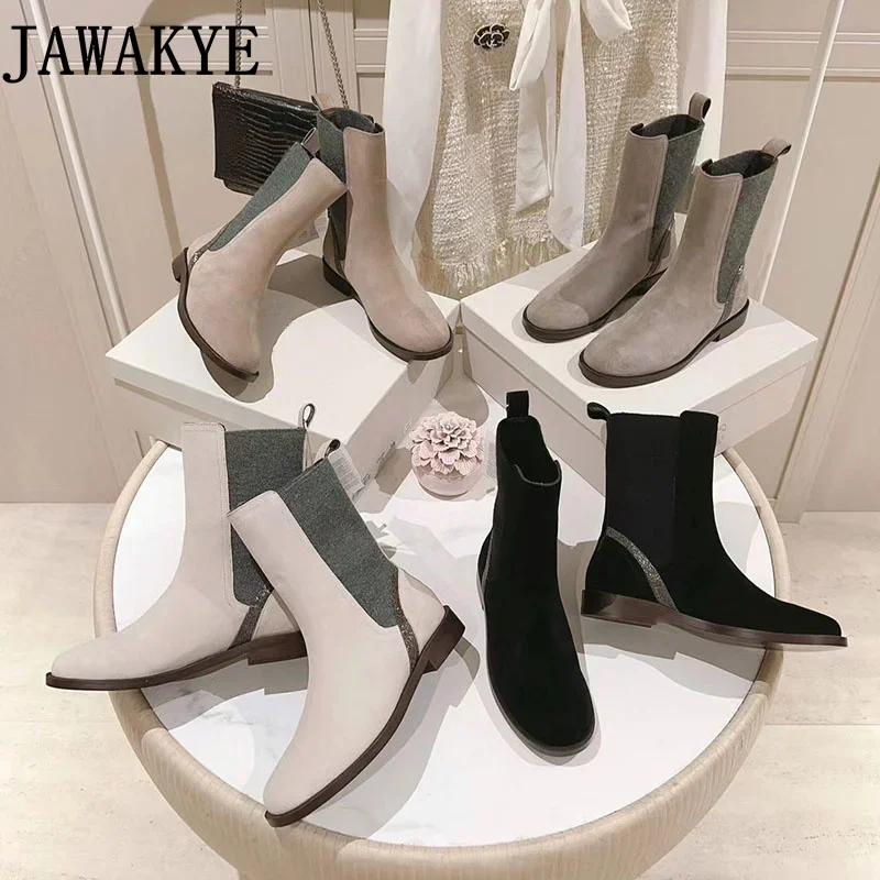 Popularne buty zimowe marki damskie zamszowe płaski obcas Chelsea boots casualowe damskie elastyczne botki krótka skórzana botki