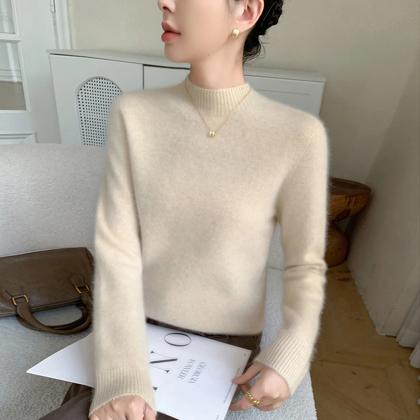 

Autumn and Winter New Solid Color Sweater Women's Half High Collar Knitted Hoodie Knitted Fashion Slimming Jumper