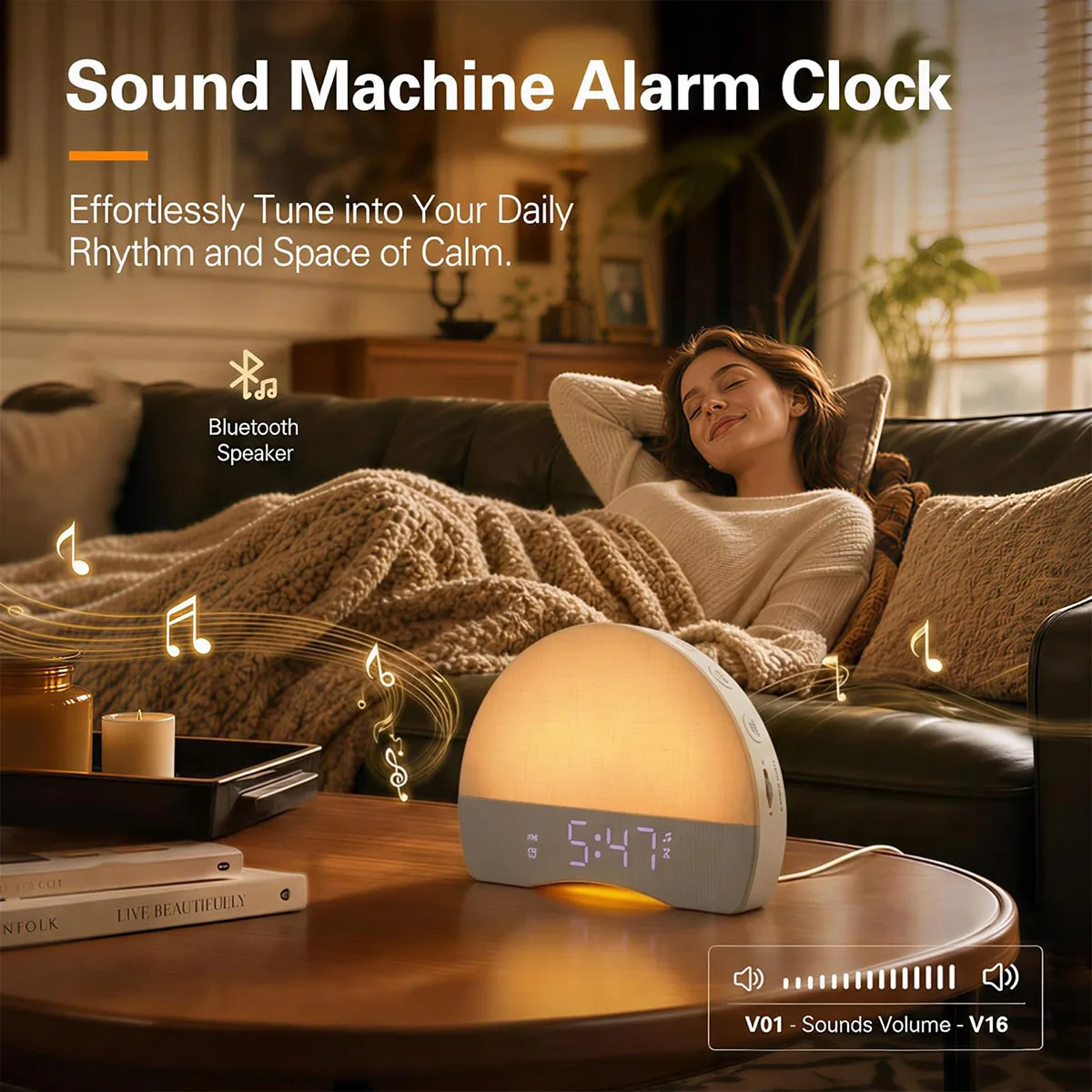 Sunrise Wake-Up Light Alarm Clock White Noise Bluetooth Speaker with 30 Soothing Sounds Dimmable Night Light for Heavy Sleepers