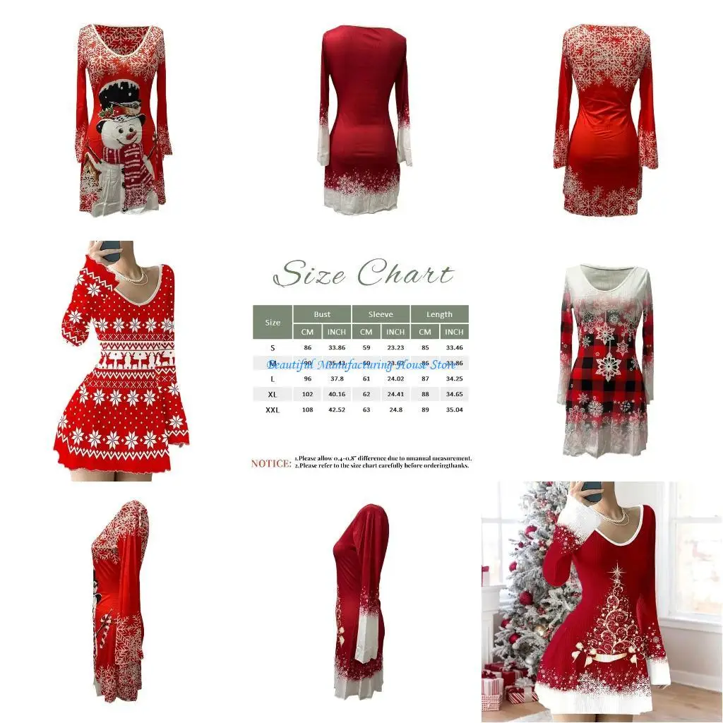 E56A Lightweight Women's Christmas Long Sleeve Dress Soft Comfortable Dresses Perfect for Parties and Gifts