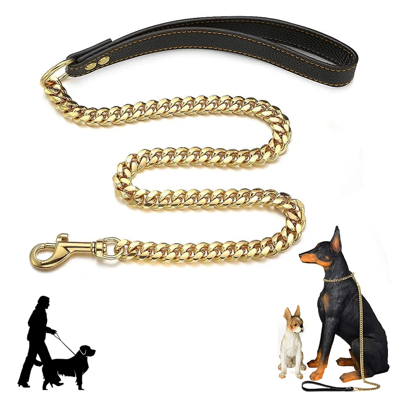 

Stainless Steel Dog Leash Pet Lead Traction Super Strong Gold Chain 19mm 14mm Bulldog Pitbull Medium Large Dog Collar Leash