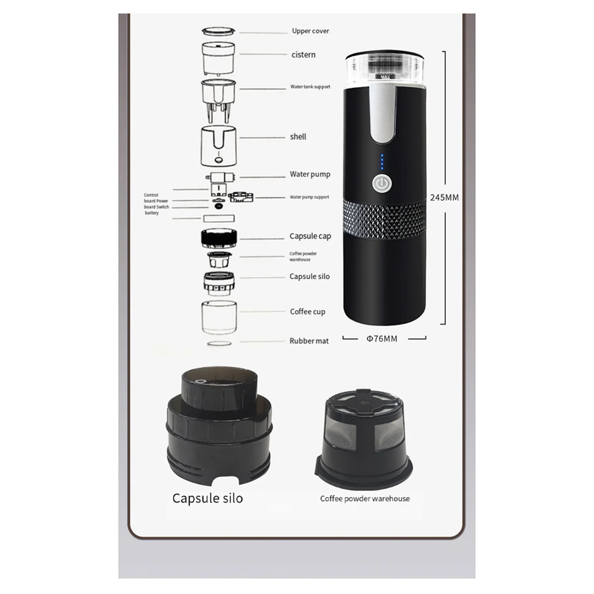 ไร้สายกาแฟไฟฟ้า 1200MAh USB ชาร์จกลางแจ้งรถท่องเที่ยวแบบพกพาเครื่องชงกาแฟอัตโนมัติ