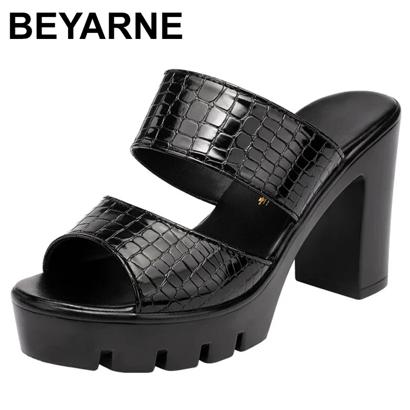 

BEYARNE Plus Size 34-43 Open Toe Platform Shoes Summer Slippers Woman Patent Leather Slides Women High Heels Slippers Ladies