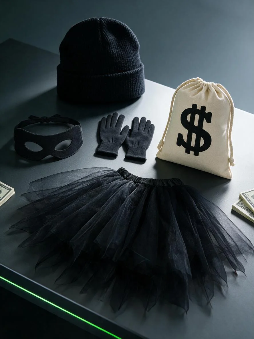 Halloween thief costume accessory set, including a knitted hat, eye patch, gloves and a money bag, ideal for role-play