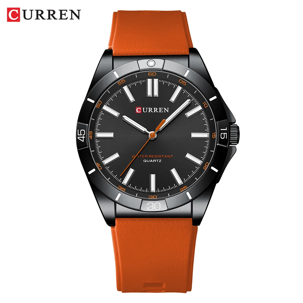 CURREN 8449 Men's Quartz Watch Fashion Leisure Outdoor Clock Analog Display Black Orange Silicone Strap Wristwatch for Male