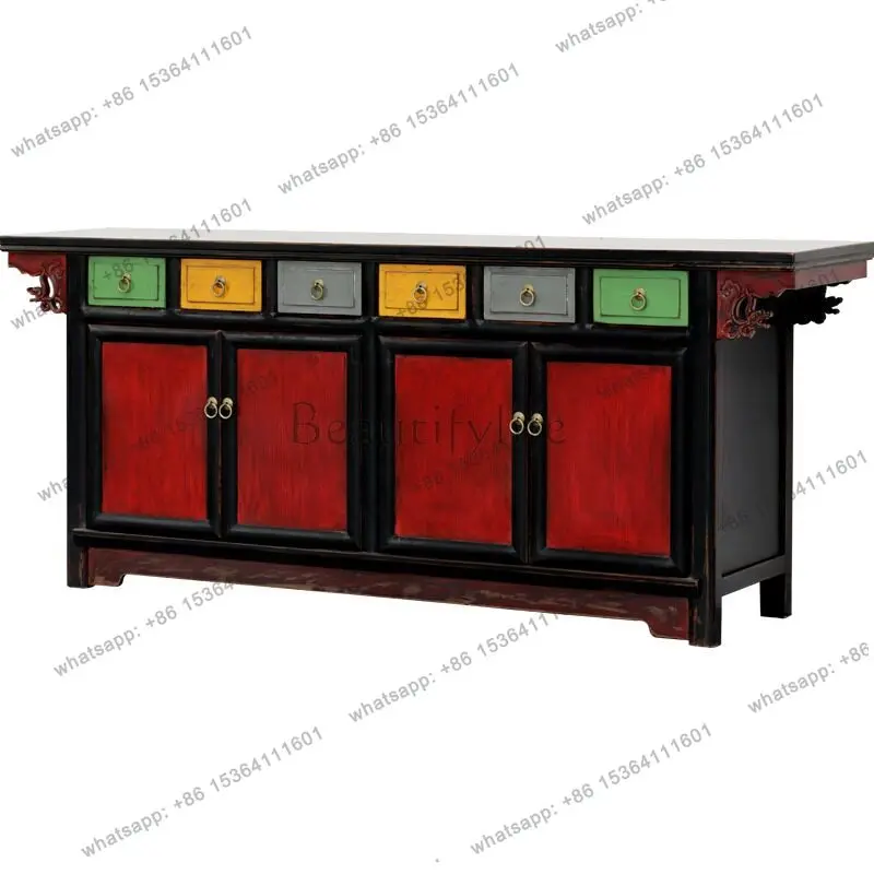 New Chinese-style living room six drawers four doors dining side cabinet solid wood tea kitchen locker