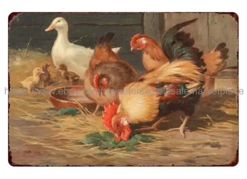 1900s Claude Cardon art At a safe distance Peckish metal tin sign farm animal