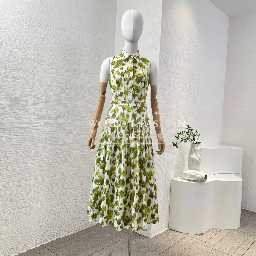 

2025 New Beautiful Green Tie Dye Print Sleeveless Pleat Midi Dress