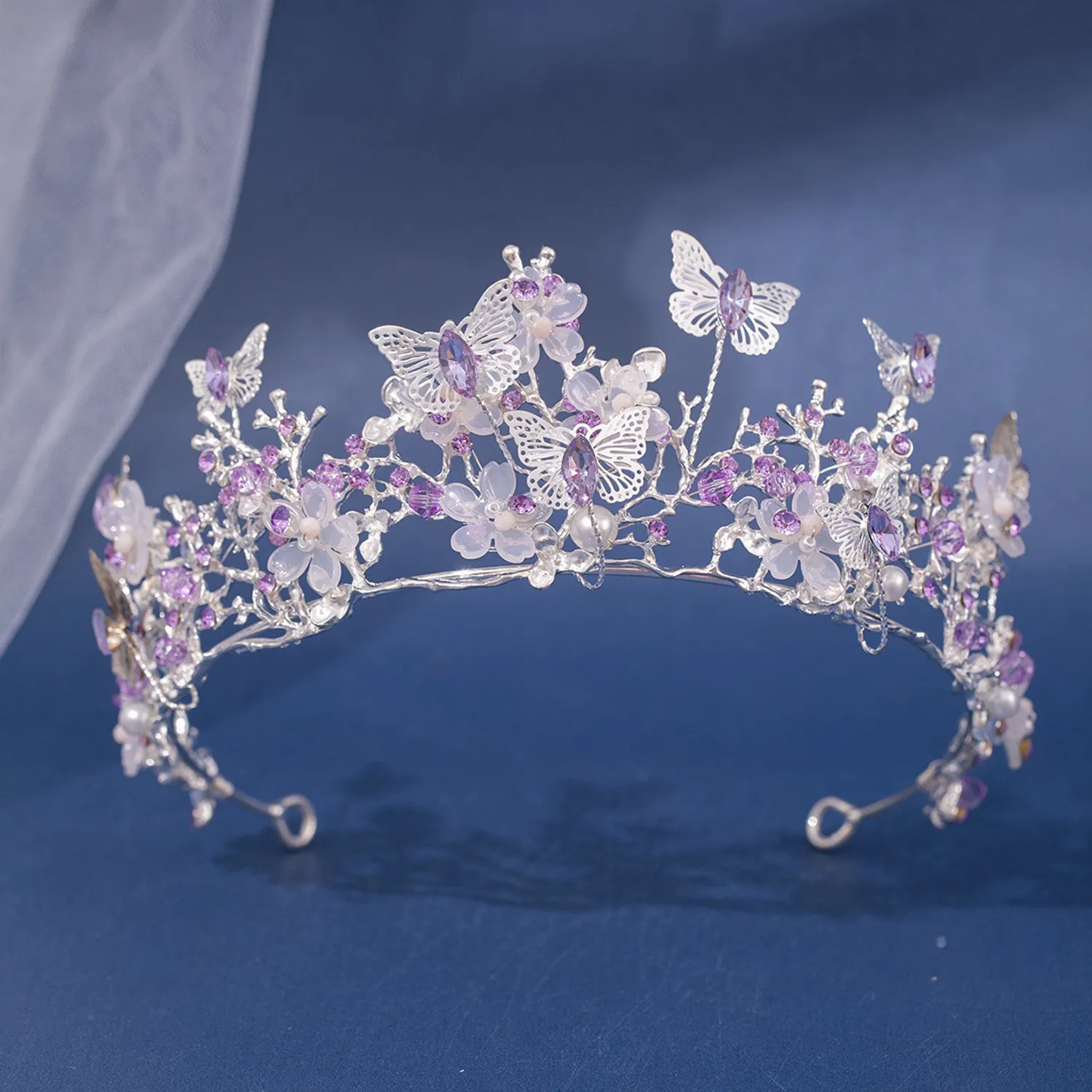 Baroque Silver Color Purple Crystal Butterfly Bridal Tiaras Crowns Headpiece Rhinestone Pageant Diadem Wedding Hair Accessories