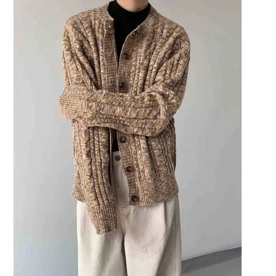 

Вязаный кардиган контрастного цвета, свободный мужской и женский свитер, осенне-зимнее пальто, вязаный свитер в стиле ретро, толстая пуговица